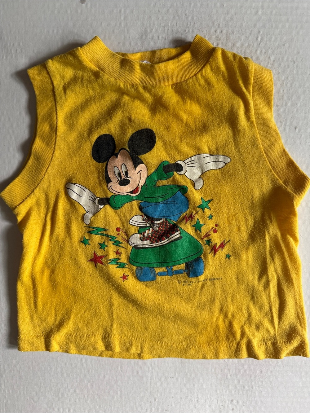 Vintage. 1992 Disney Yellow Mickey Mouse Skate Sleeveless Shirt for Kids